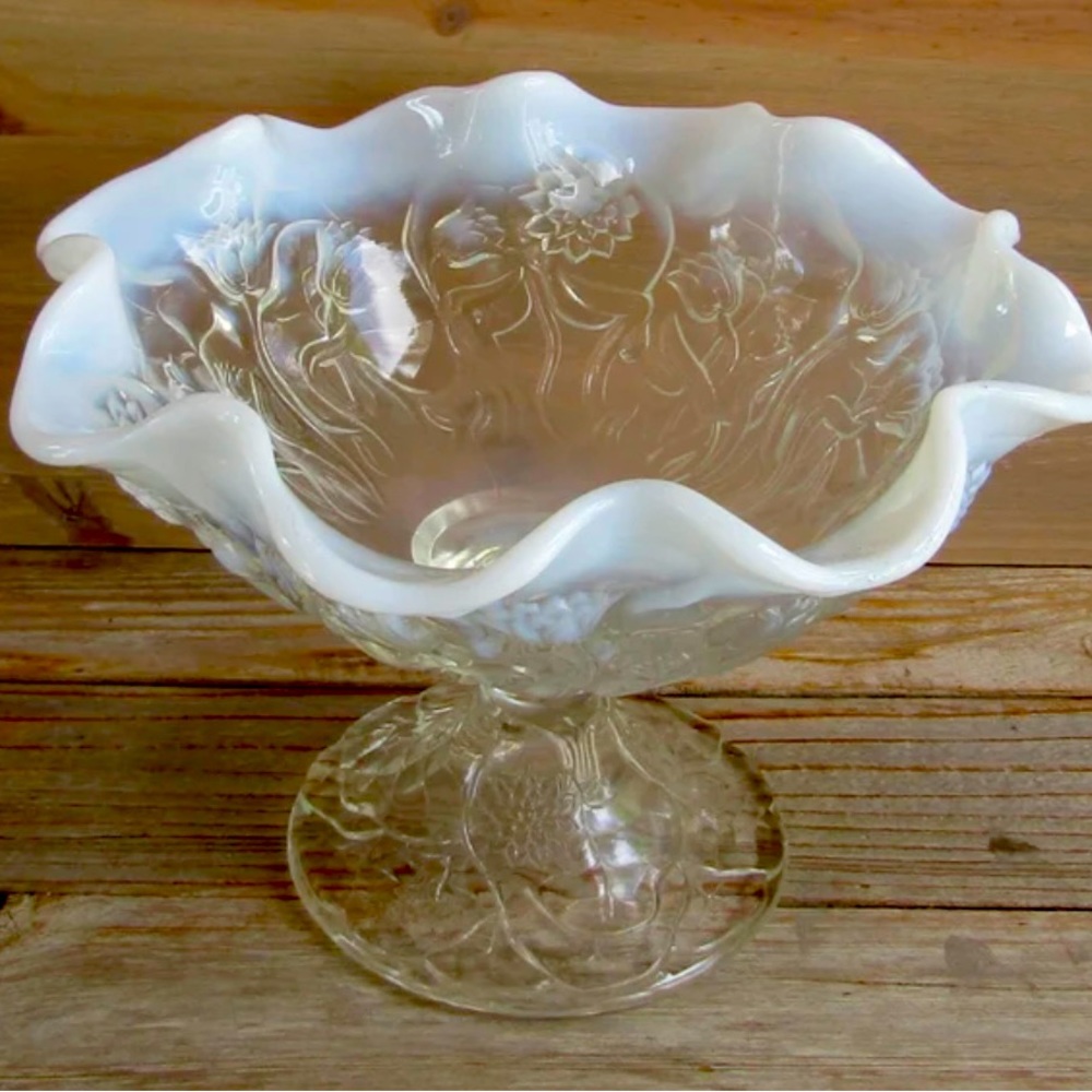 Vintage Fenton Art Glass Water Lily White Opalescent Glass
Compote Bowl